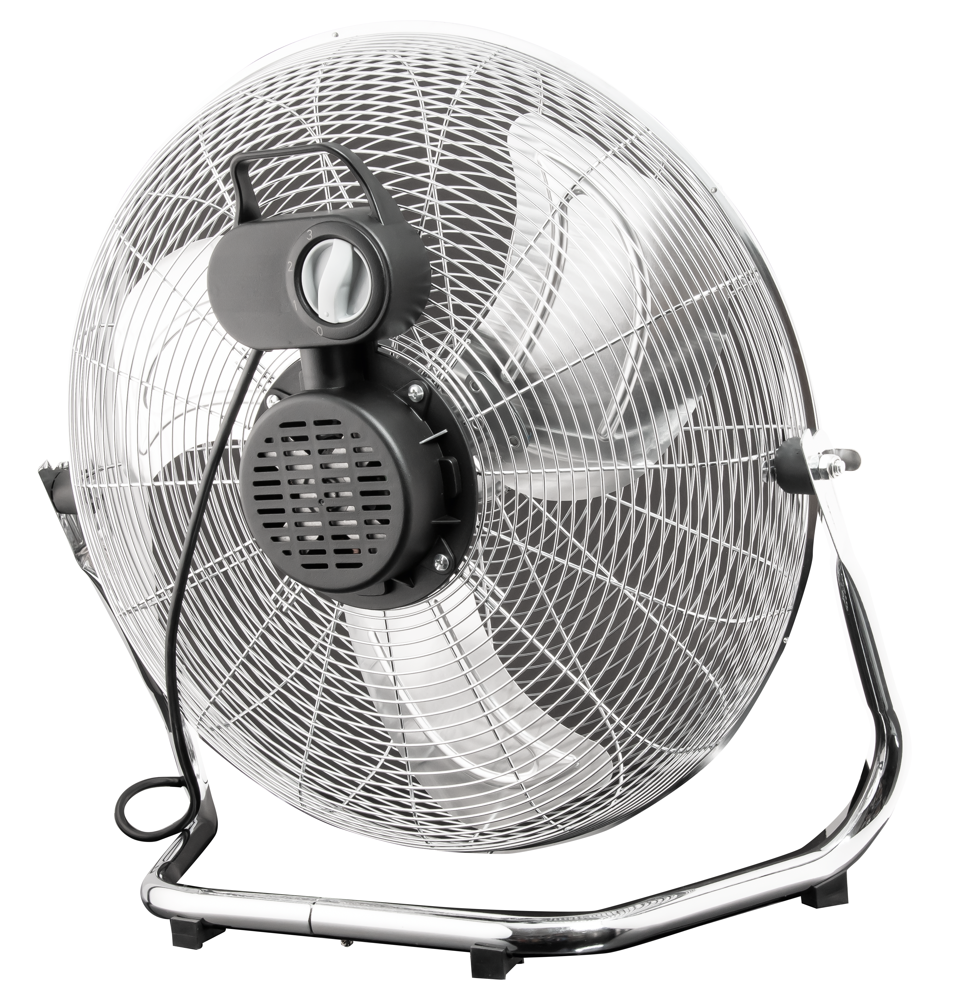 Ein großer Metallventilator mit Käfig und Ständer.