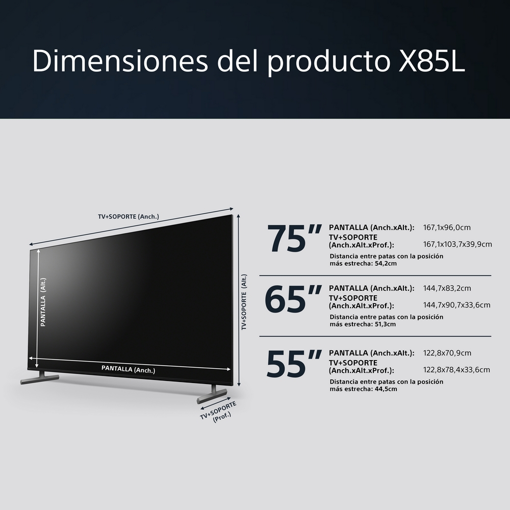 Gráfico de dimensiones de TV: TVs de 75, 65 y 55 pulgadas con dimensiones y detalles del soporte.