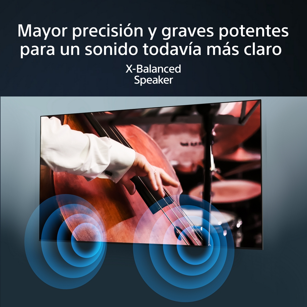 Una persona tocando el violonchelo, con ondas sonoras azules de un altavoz X-Balanced.