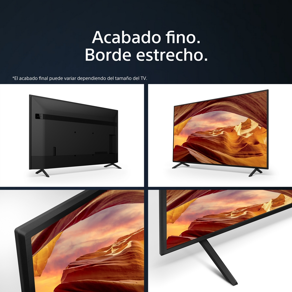 Cuatro imágenes de un televisor. El televisor es negro con bordes finos y muestra un paisaje desértico.