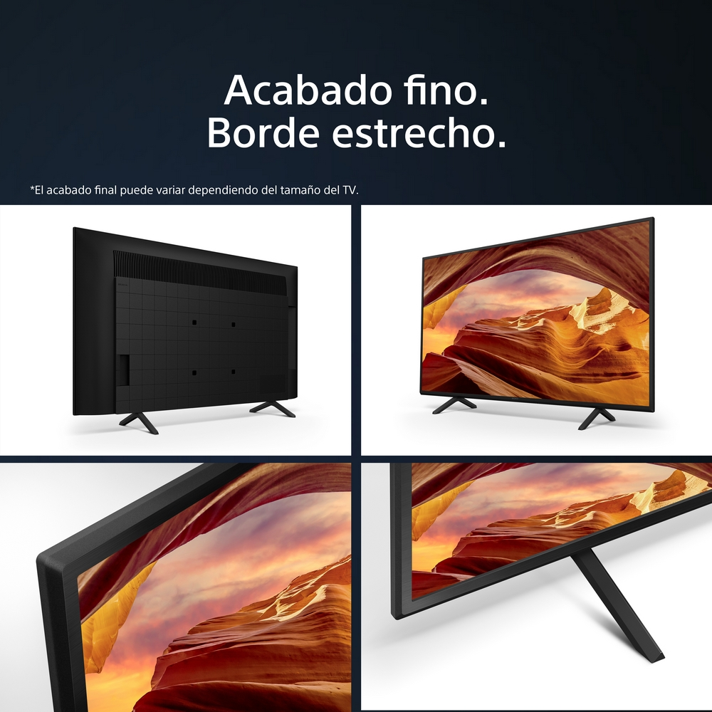 Cuatro vistas de un televisor que muestran su diseño, parte trasera, frontal y lateral, con un paisaje natural en la pantalla.