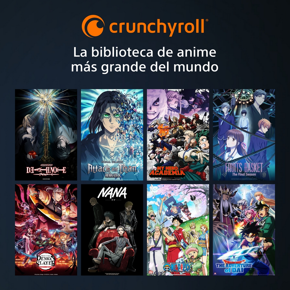 Logotipo de Crunchyroll sobre carteles de anime, que representan varios programas animados.