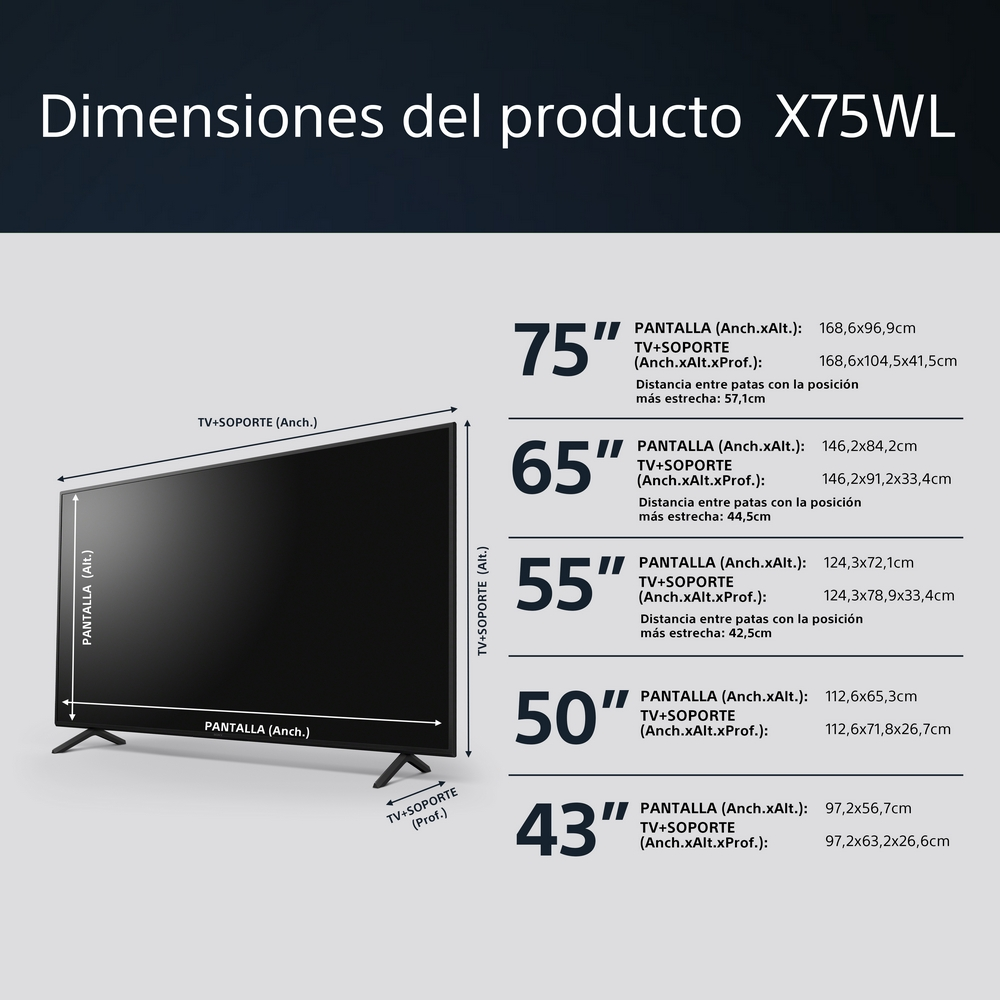 Tabla de dimensiones del producto para varios tamaños de TV, que muestra las medidas en centímetros.