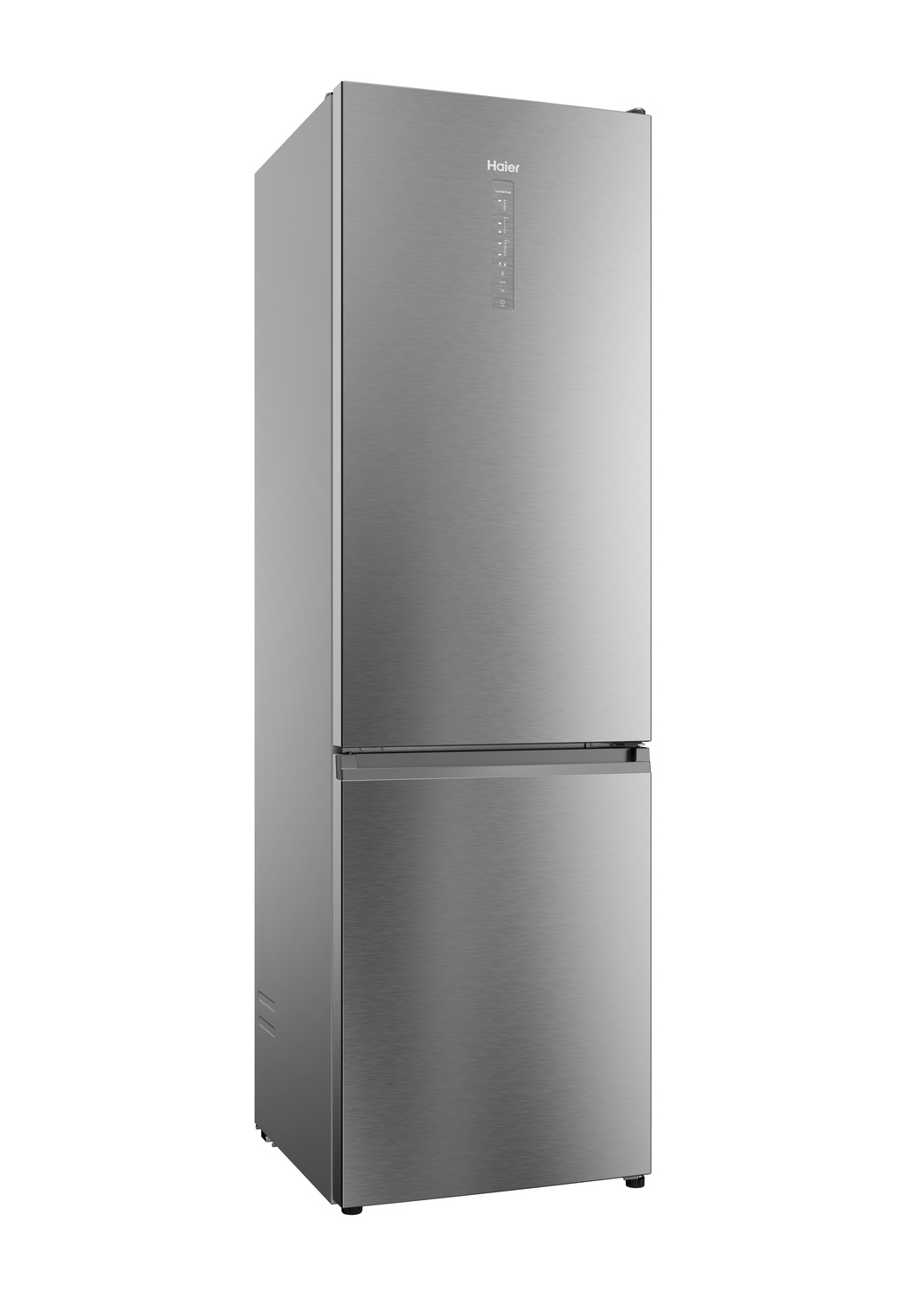 Refrigerador Haier plateado sobre fondo blanco. Es un modelo de dos puertas.