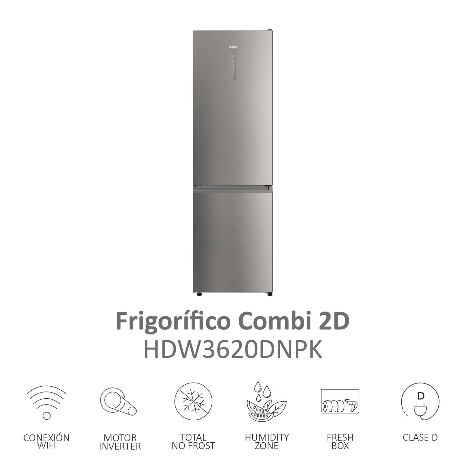 Frigorífico combi - Haier 2D HDW3620DNPK, No Frost, 200 cm, 377 l, Motor Inverter, Botellero, Wi-Fi, Inox