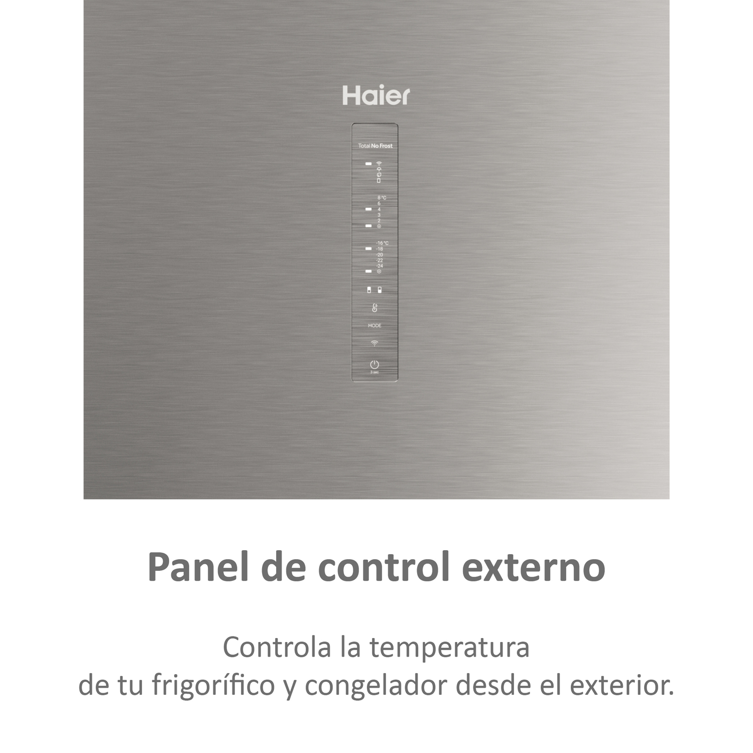 Panel de control externo en el refrigerador Haier, con ajustes de temperatura y modo.