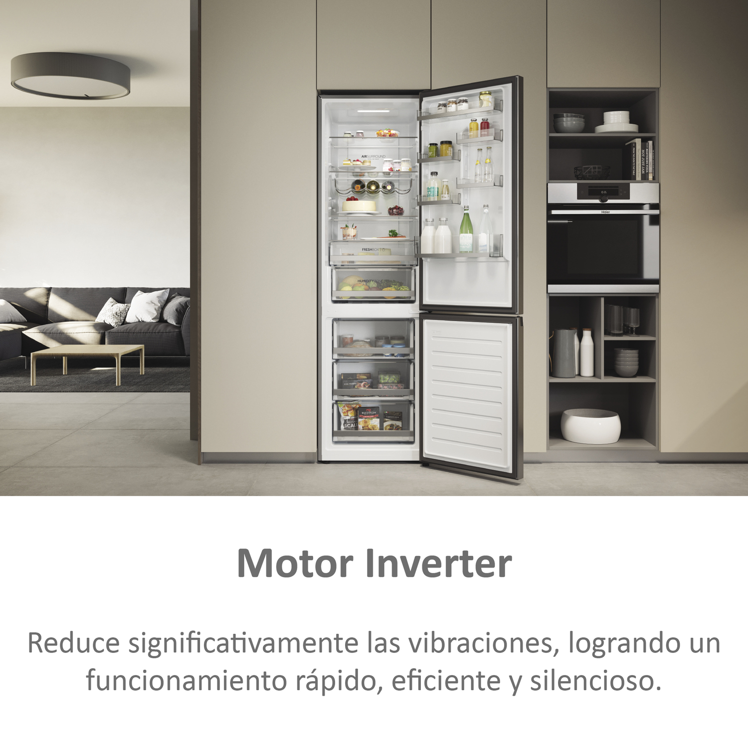 Refrigerador abierto lleno de alimentos. Cocina moderna. Texto en la parte inferior.