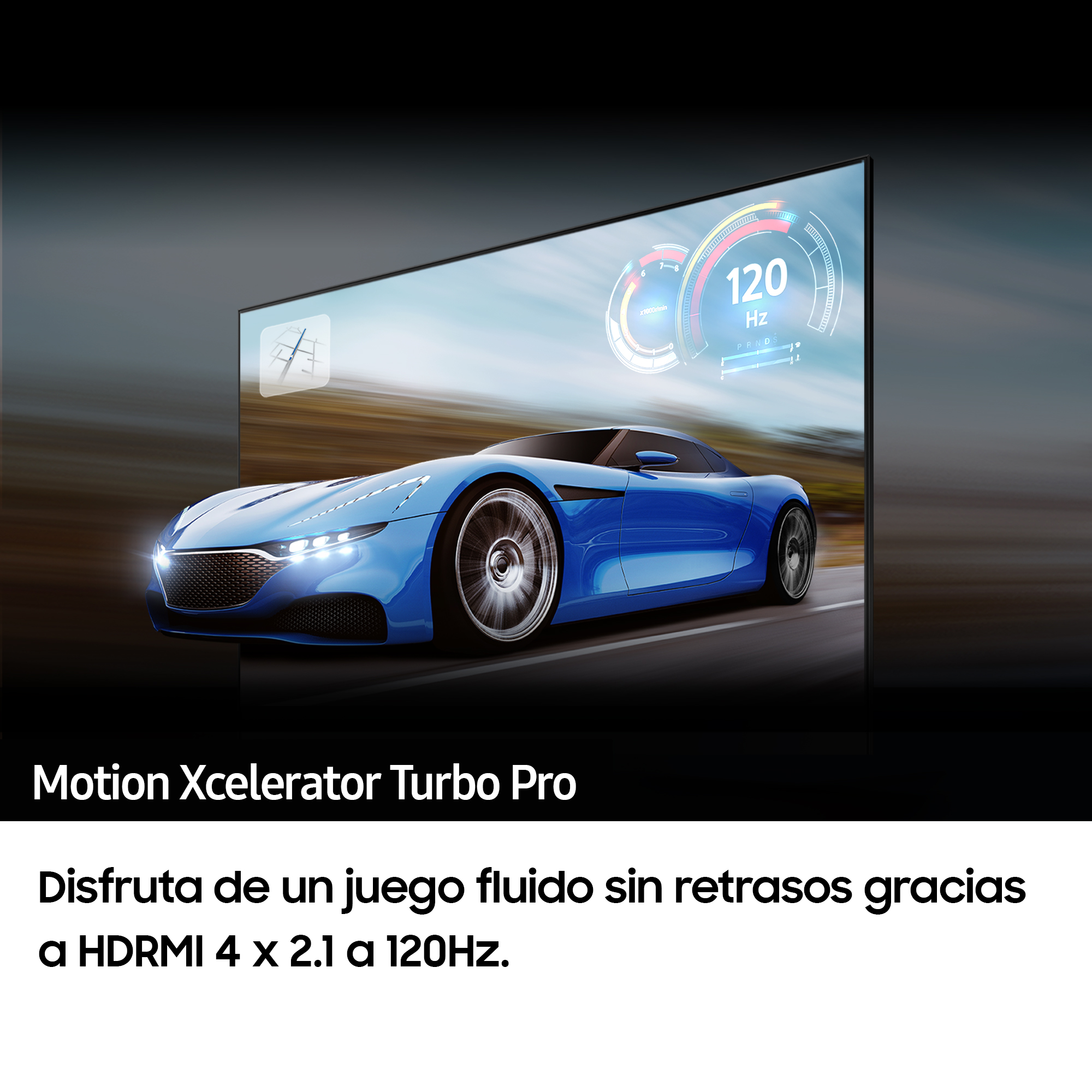 Un coche deportivo azul se muestra en una pantalla de TV curva. Se muestra un juego de carreras.