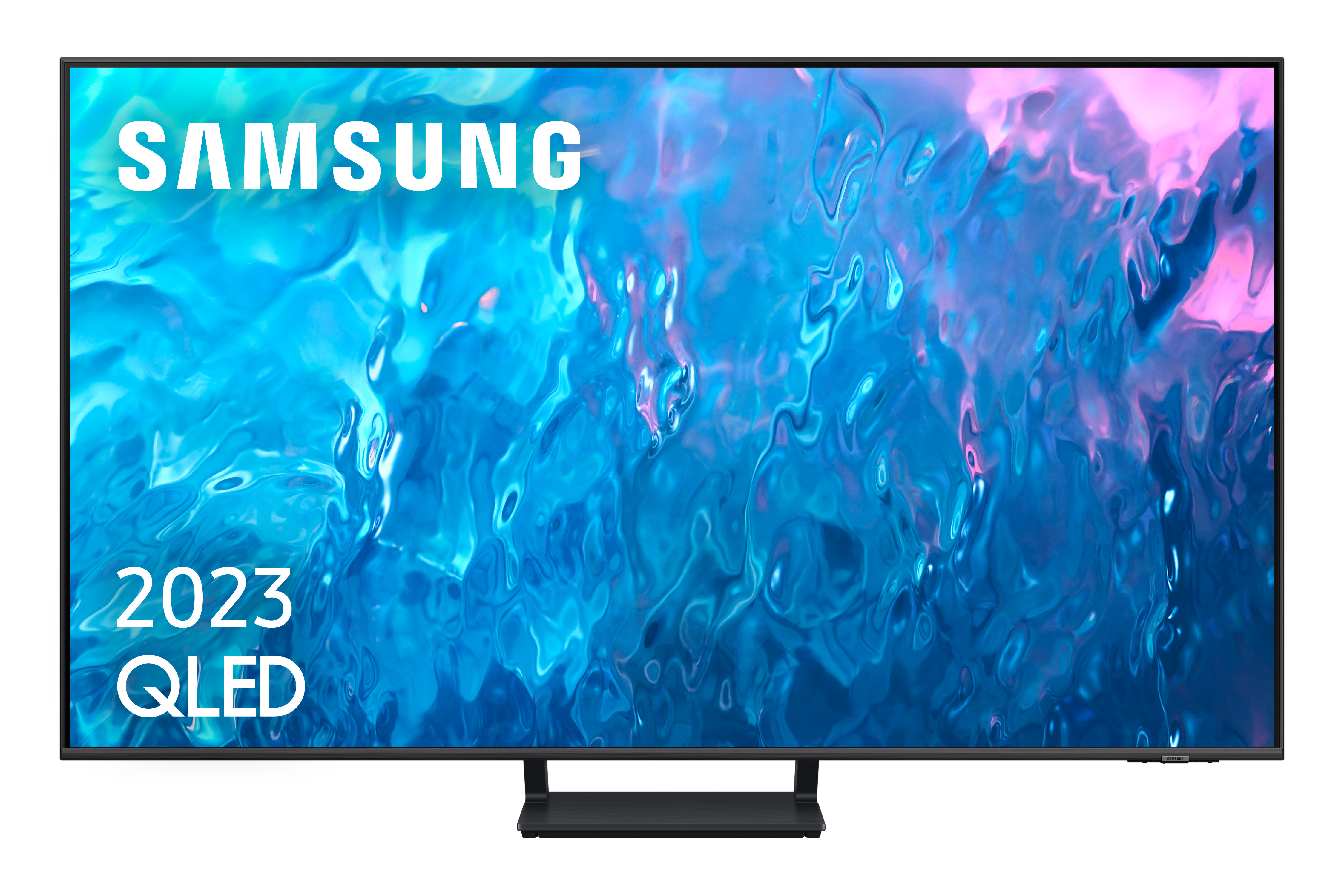 Un televisor de pantalla plana grande con el logotipo de SAMSUNG y la marca QLED. Pantalla azul.