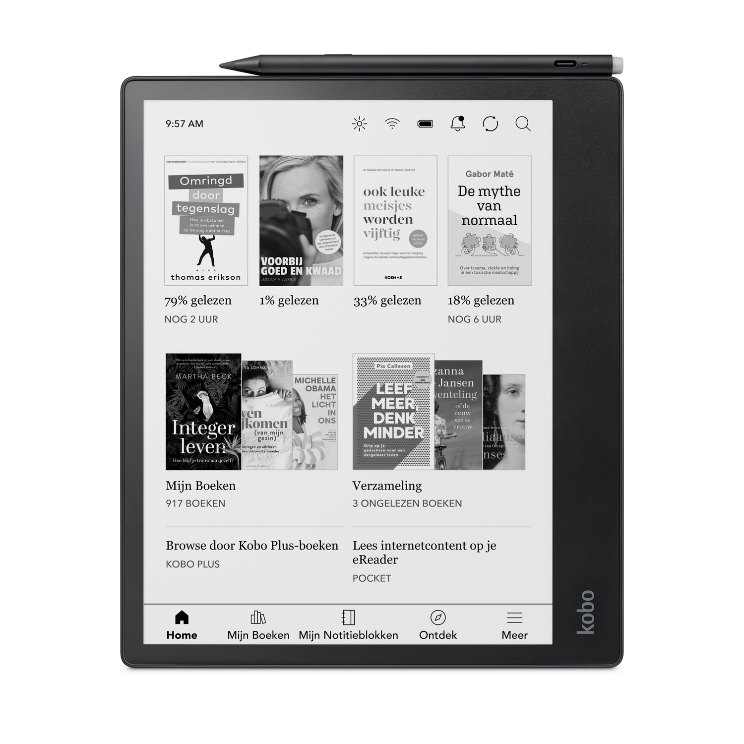 Liseuse noire avec stylet, affichant des couvertures de livres. En haut à droite, batterie et heure. Livres listés.