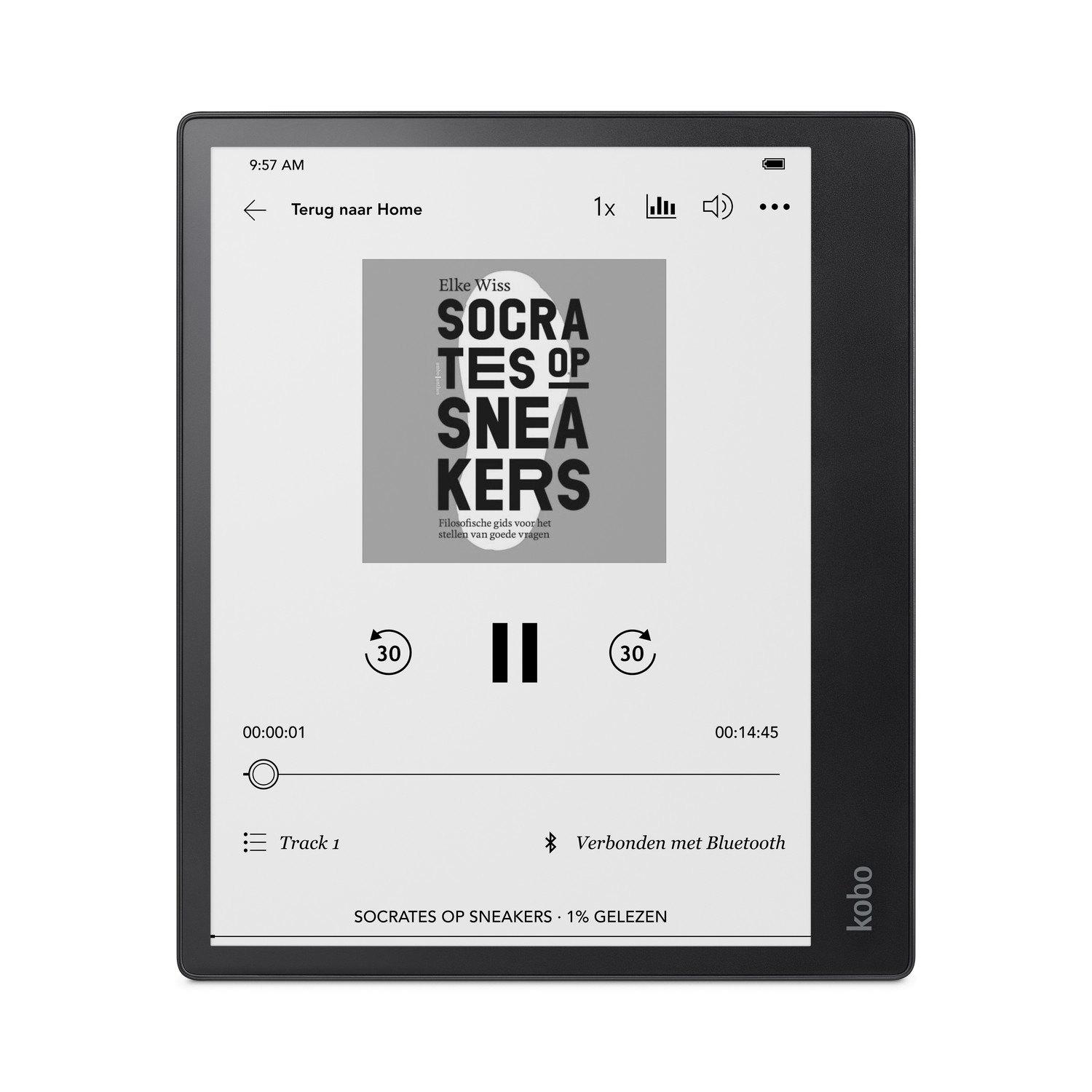 Liseuse Kobo affichant une couverture de livre et des commandes de lecture, titre 'Socrates op Sneakers'.