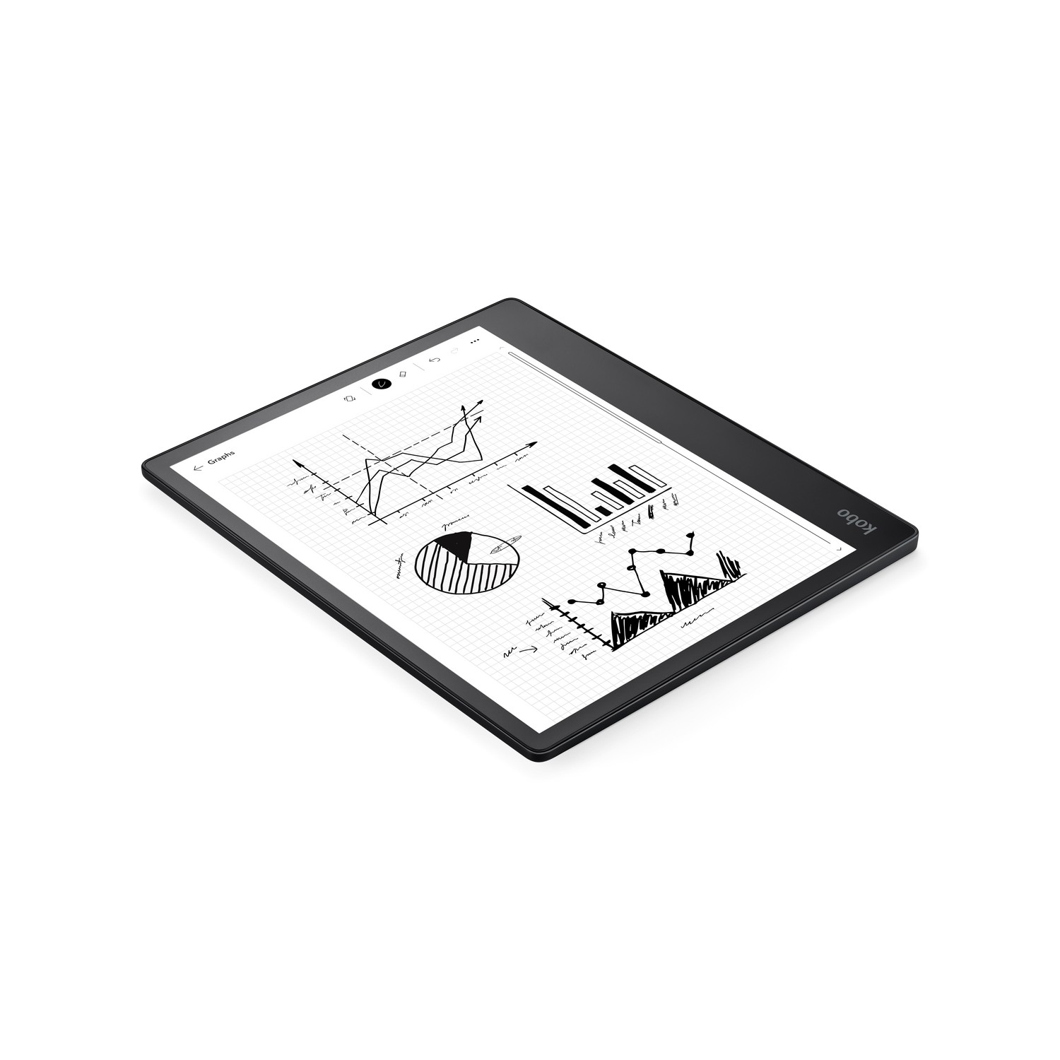 Tablette avec graphiques et tableaux, fond blanc.