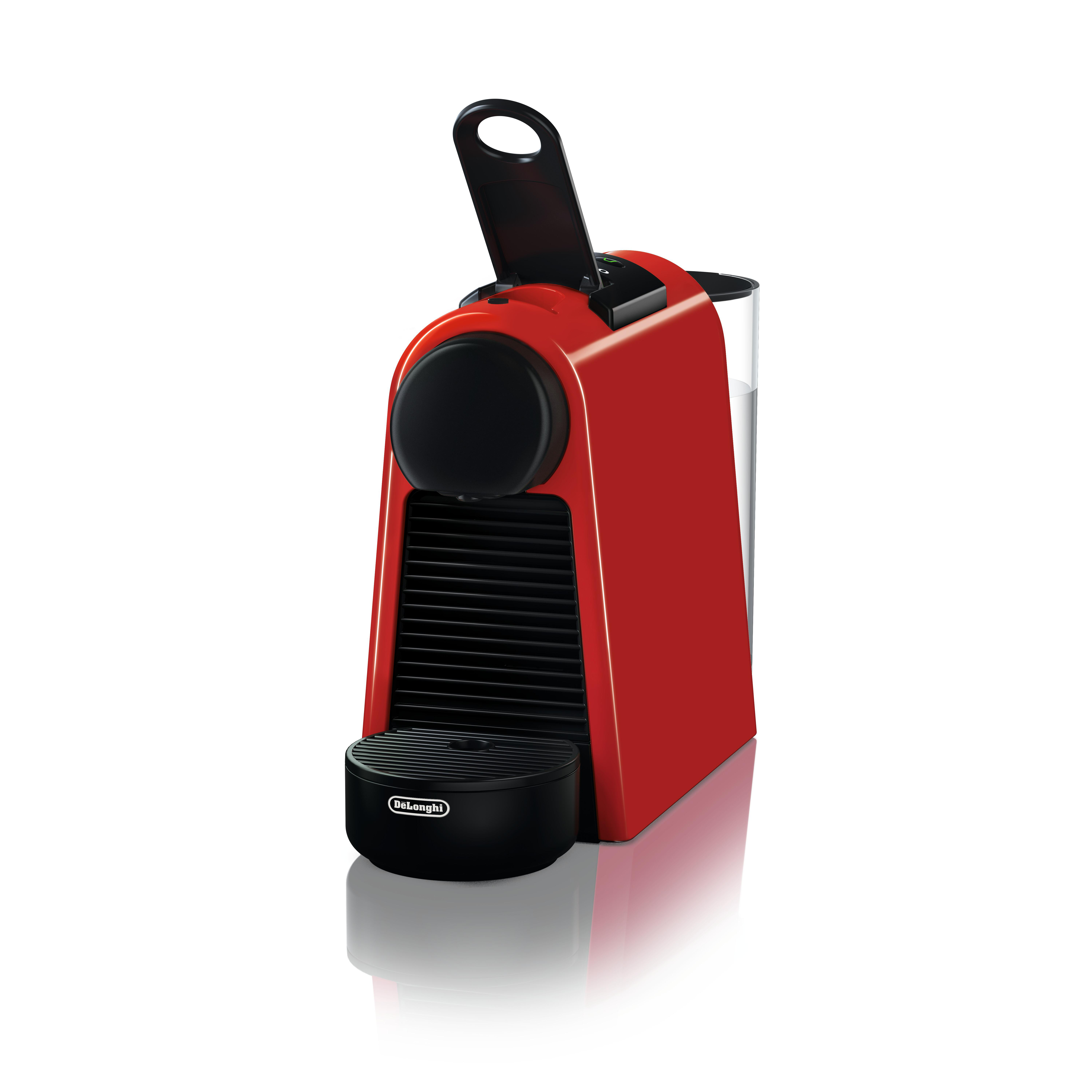 Eine rote De'Longhi Kaffeemaschine mit schwarzer Front und Wassertank.