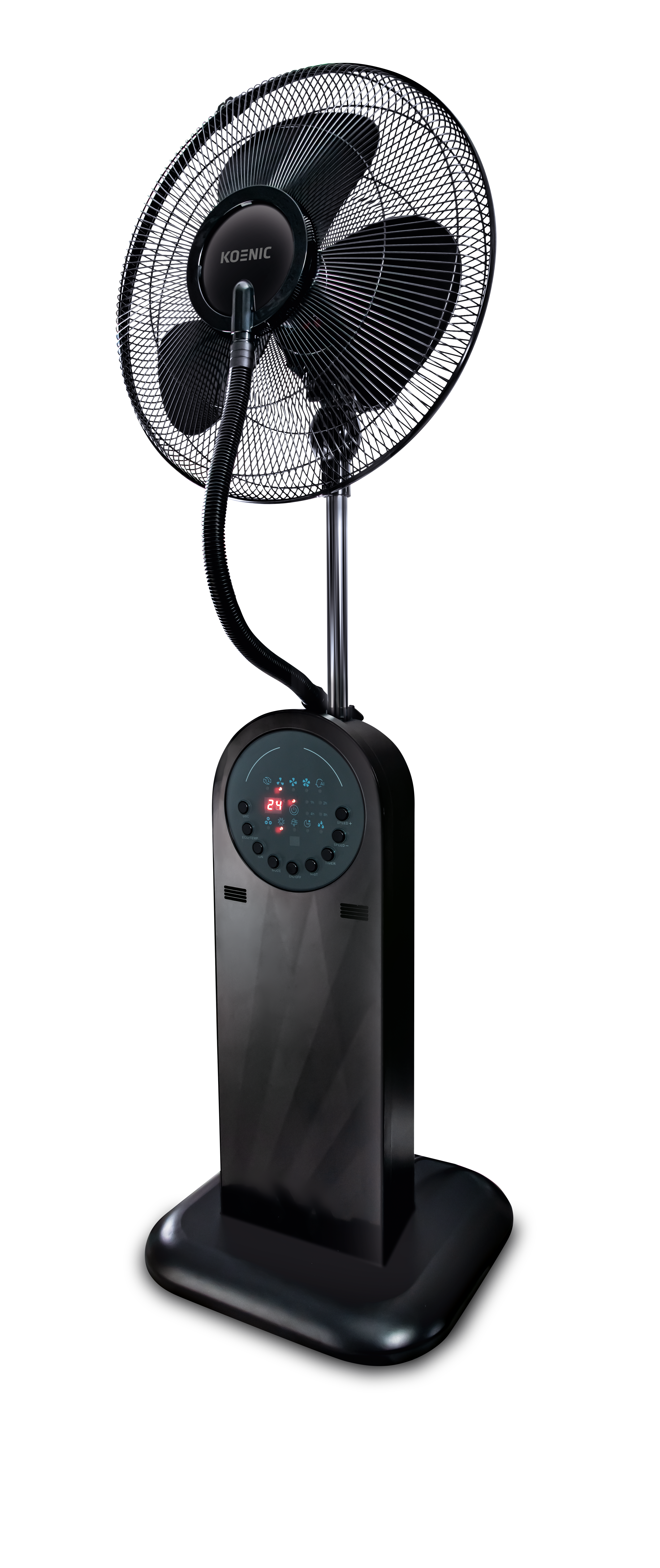 Schwarzer und verchromter Turmventilator. Er hat einen runden Kopf mit Schutzgitter und Display.