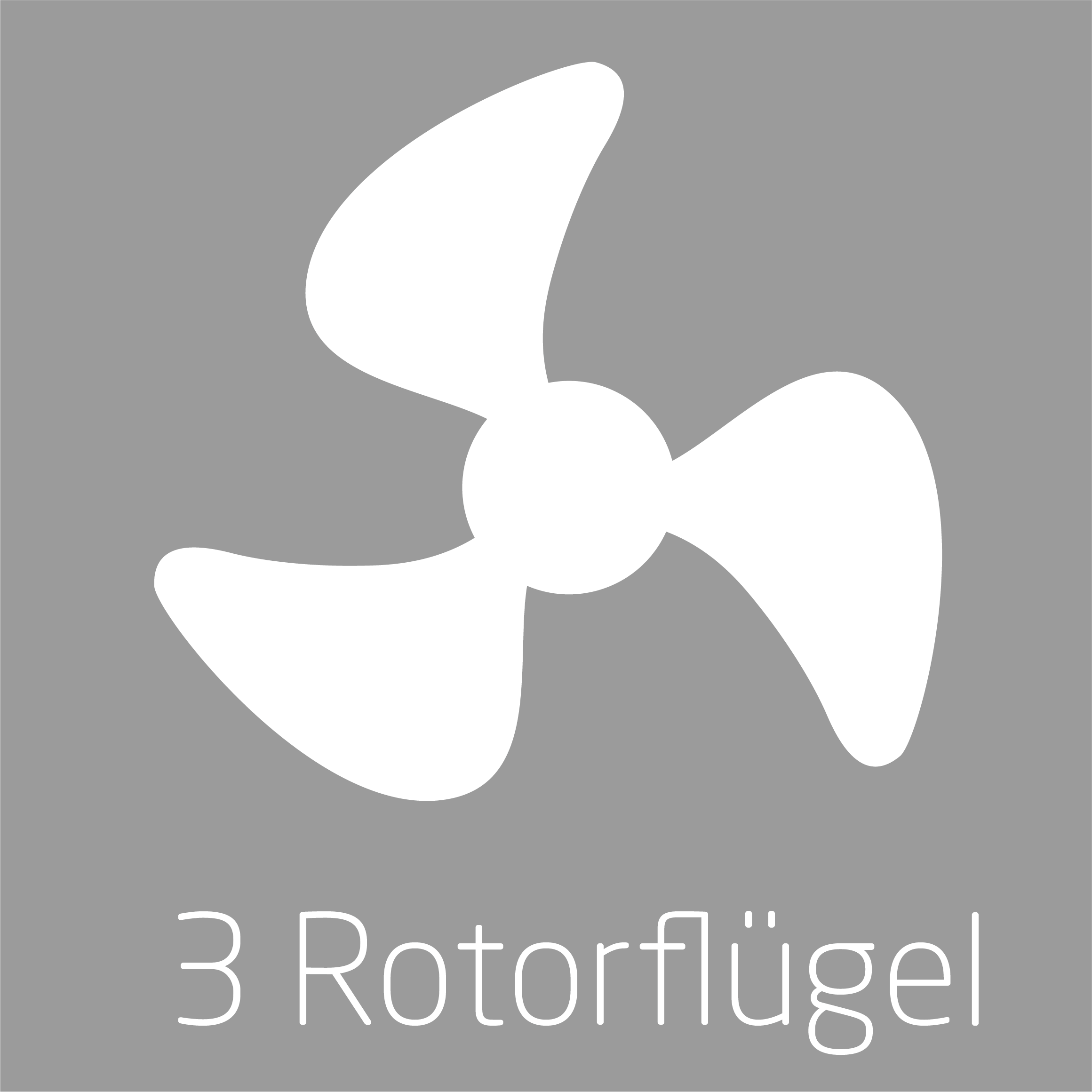Weißer Propeller mit drei Blättern auf grauem Hintergrund, Text '3 Rotorflügel'.