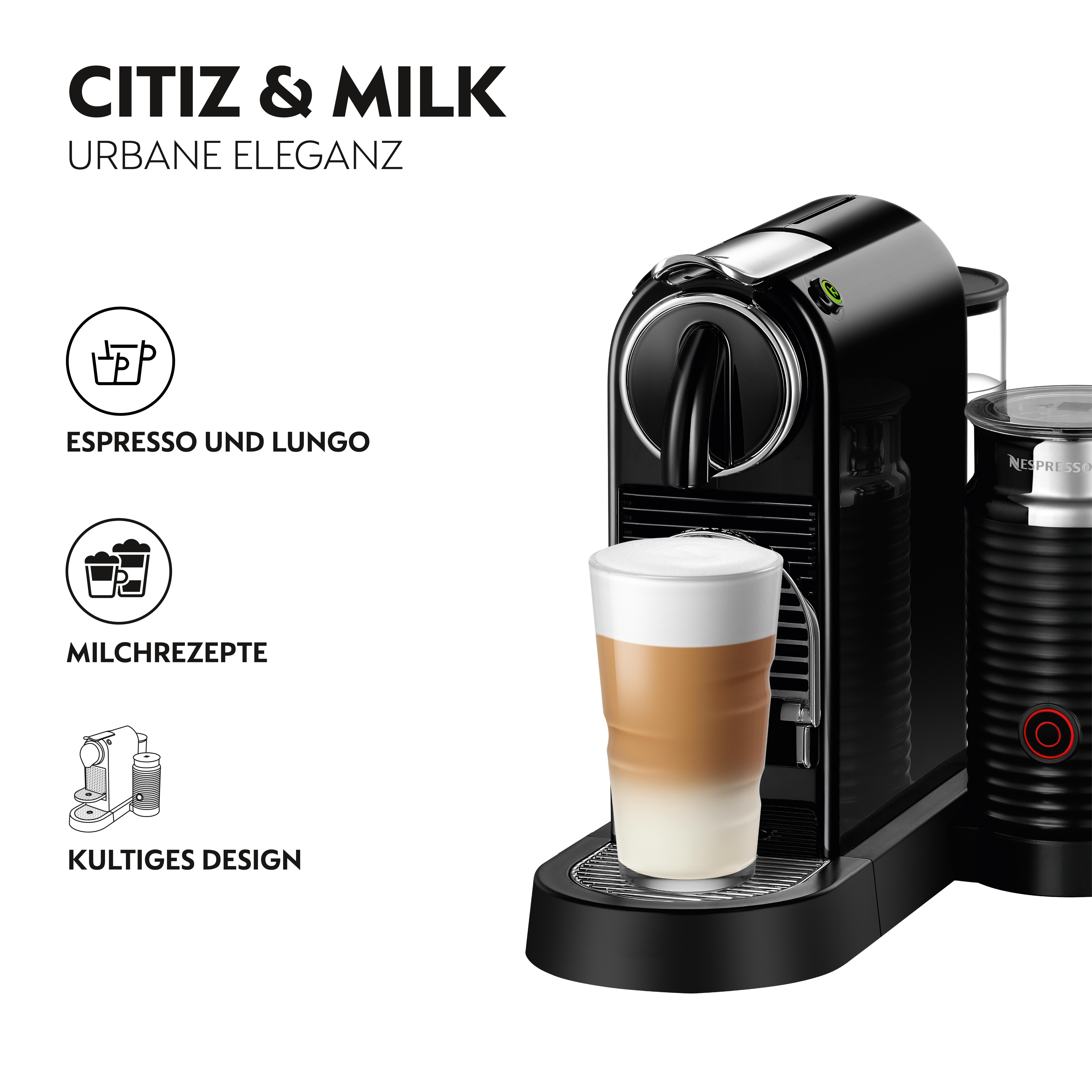 Eine schwarze Nespresso Citiz & Milk Kaffeemaschine mit Milchaufschäumer.