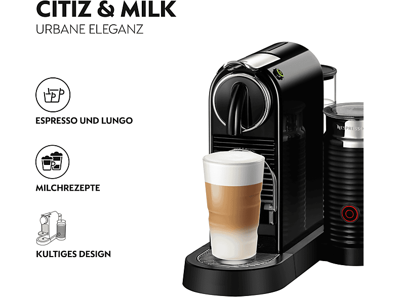 DELONGHI Nespresso Citiz EN267.BAE, stylisch schlankes Design auch für hohe Gläser, cremiger Milchschaum, einfache Bedienung, Kapselmaschine Schwarz
