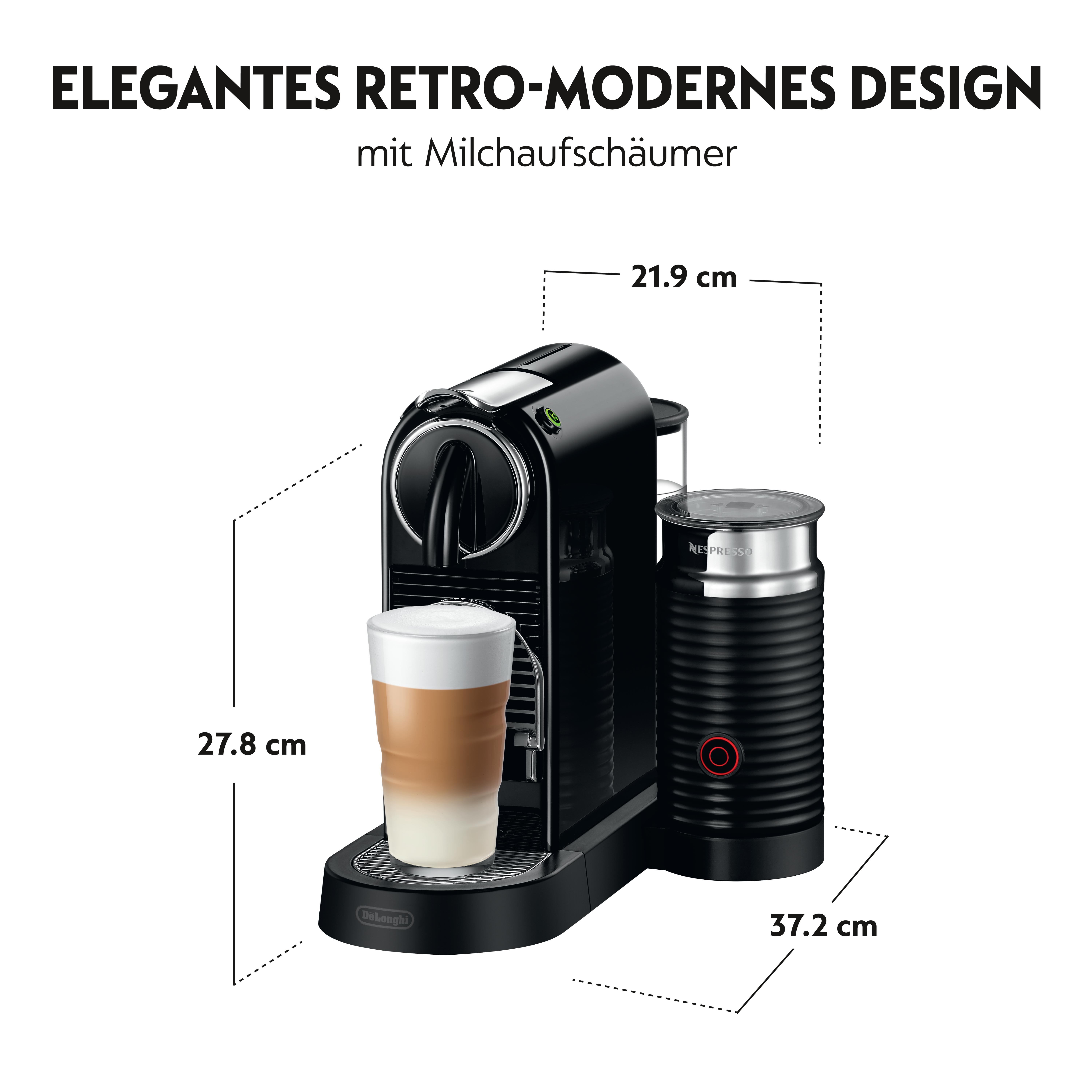 Eine schwarze Nespresso-Kaffeemaschine mit Milchaufschäumer, mit Abmessungen und Text.