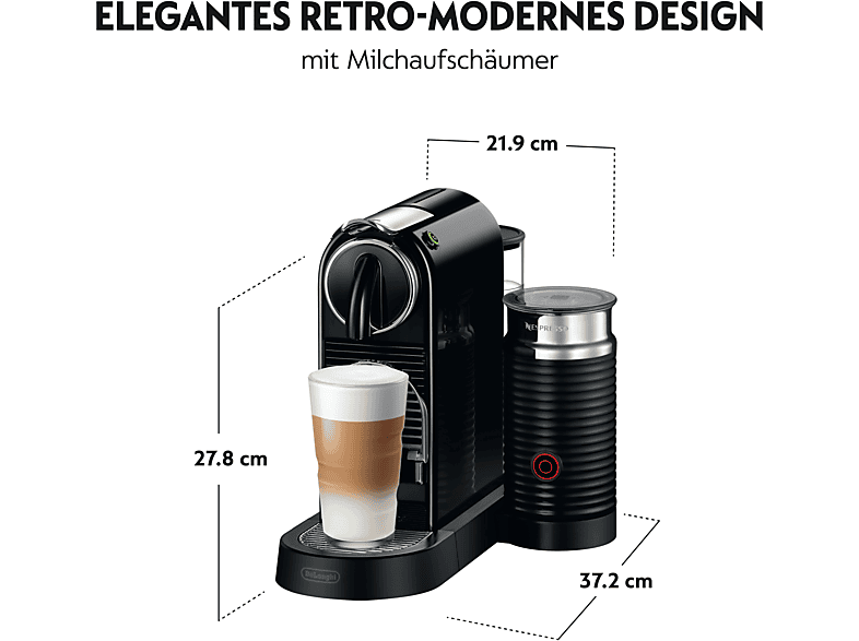DELONGHI Nespresso Citiz EN267.BAE, stylisch schlankes Design auch für hohe Gläser, cremiger Milchschaum, einfache Bedienung, Kapselmaschine Schwarz