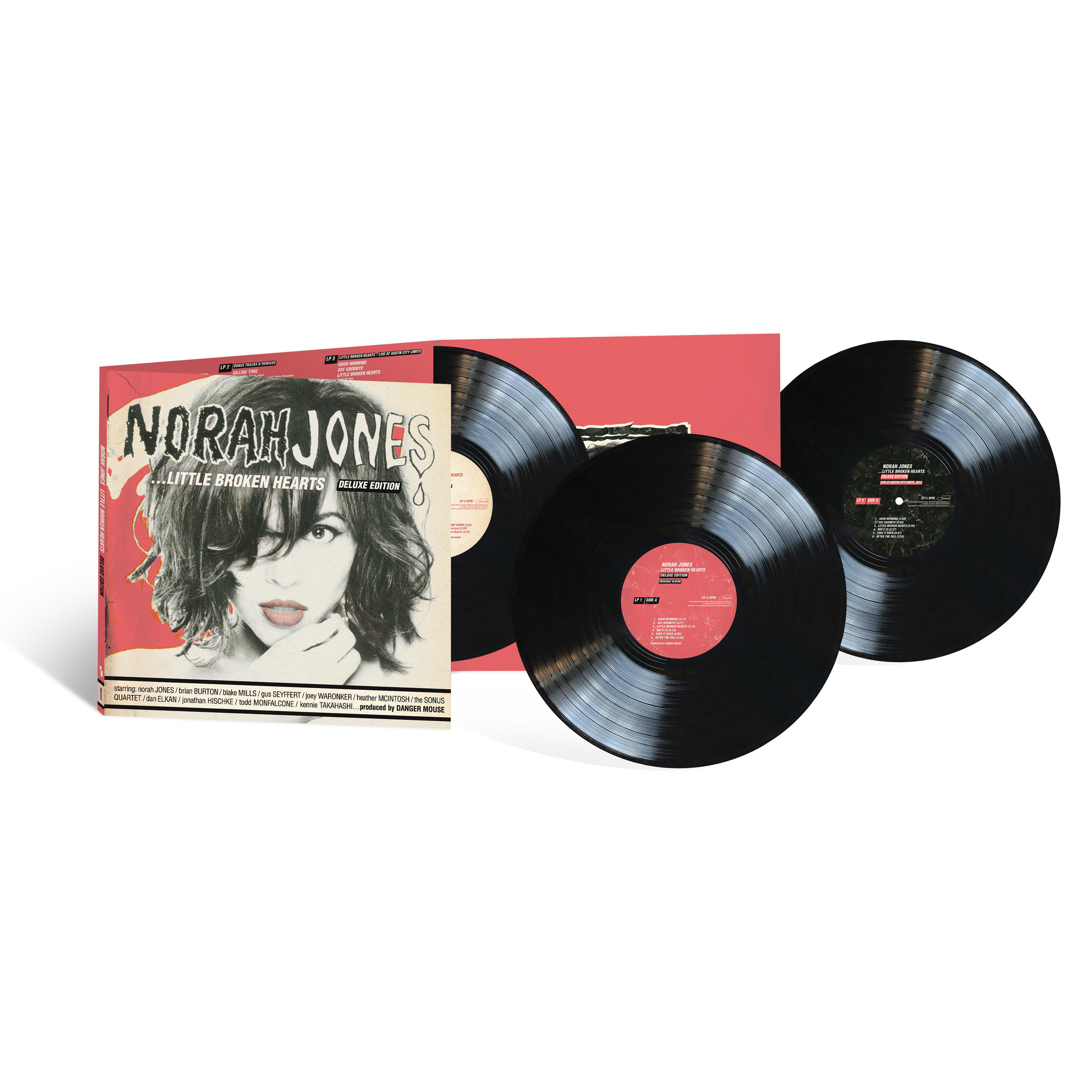 Vinylplatten-Set mit Norah Jones Albumcover. Zwei Schallplatten sind sichtbar. Albumcover hat roten Hintergrund.