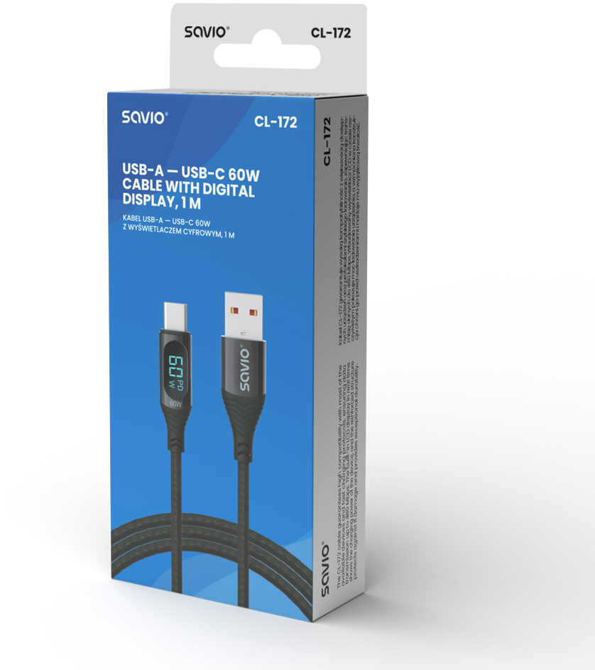 Egy USB-A-USB-C kábel digitális kijelzővel egy dobozban.