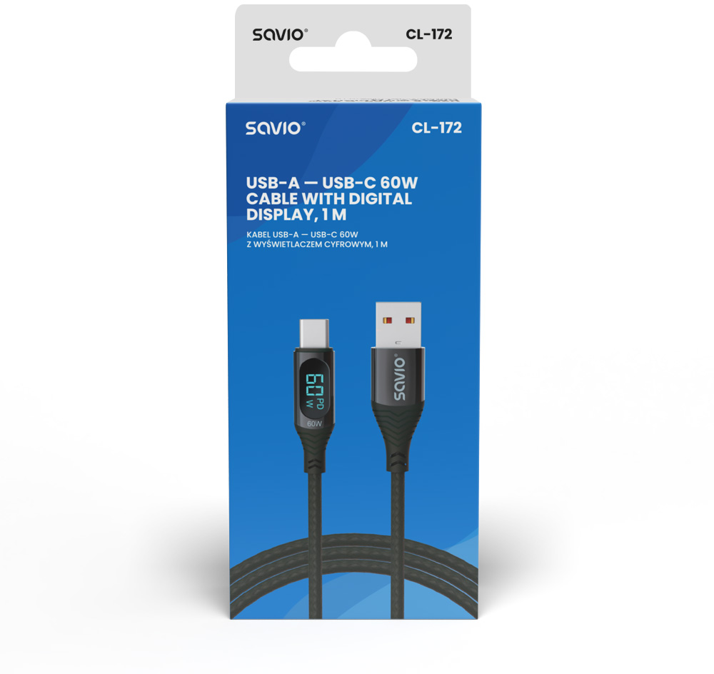 Egy USB-A - USB-C 60W-os kábel digitális kijelzővel, kék-fehér csomagoláson.