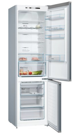 Un refrigerador plateado, abierto, mostrando estantes, cajones y contenido. Congelador inferior abierto.