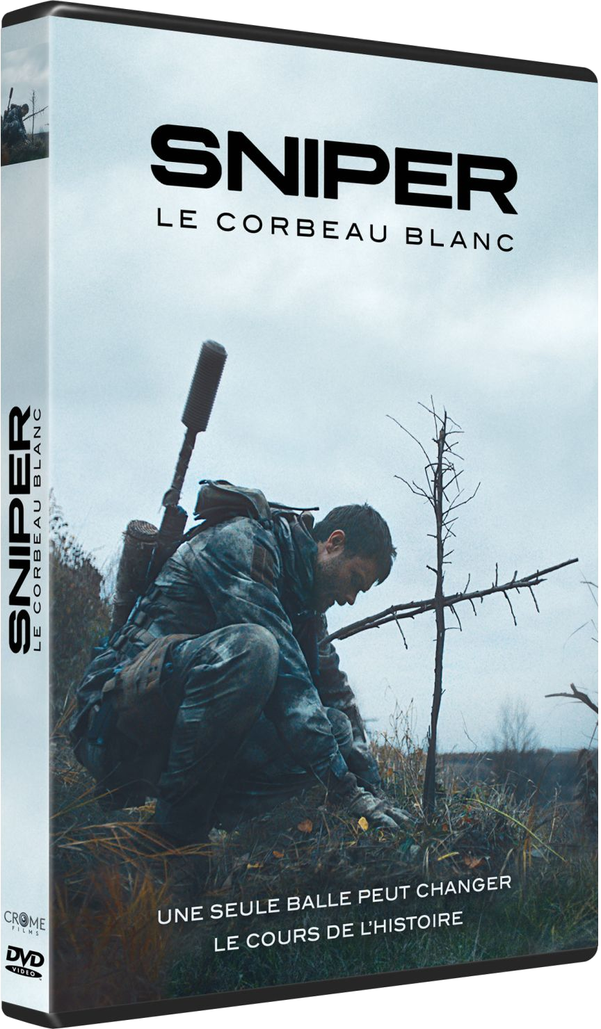 Jaquette DVD pour 'Sniper le Corbeau Blanc'. Un soldat est agenouillé dans un environnement enneigé.