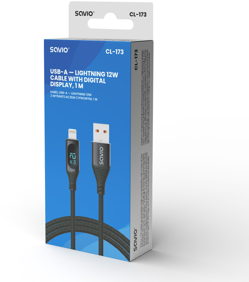 Termékdoboz, amely egy USB-A – Lightning kábelt mutat digitális kijelzővel, fekete és kék.