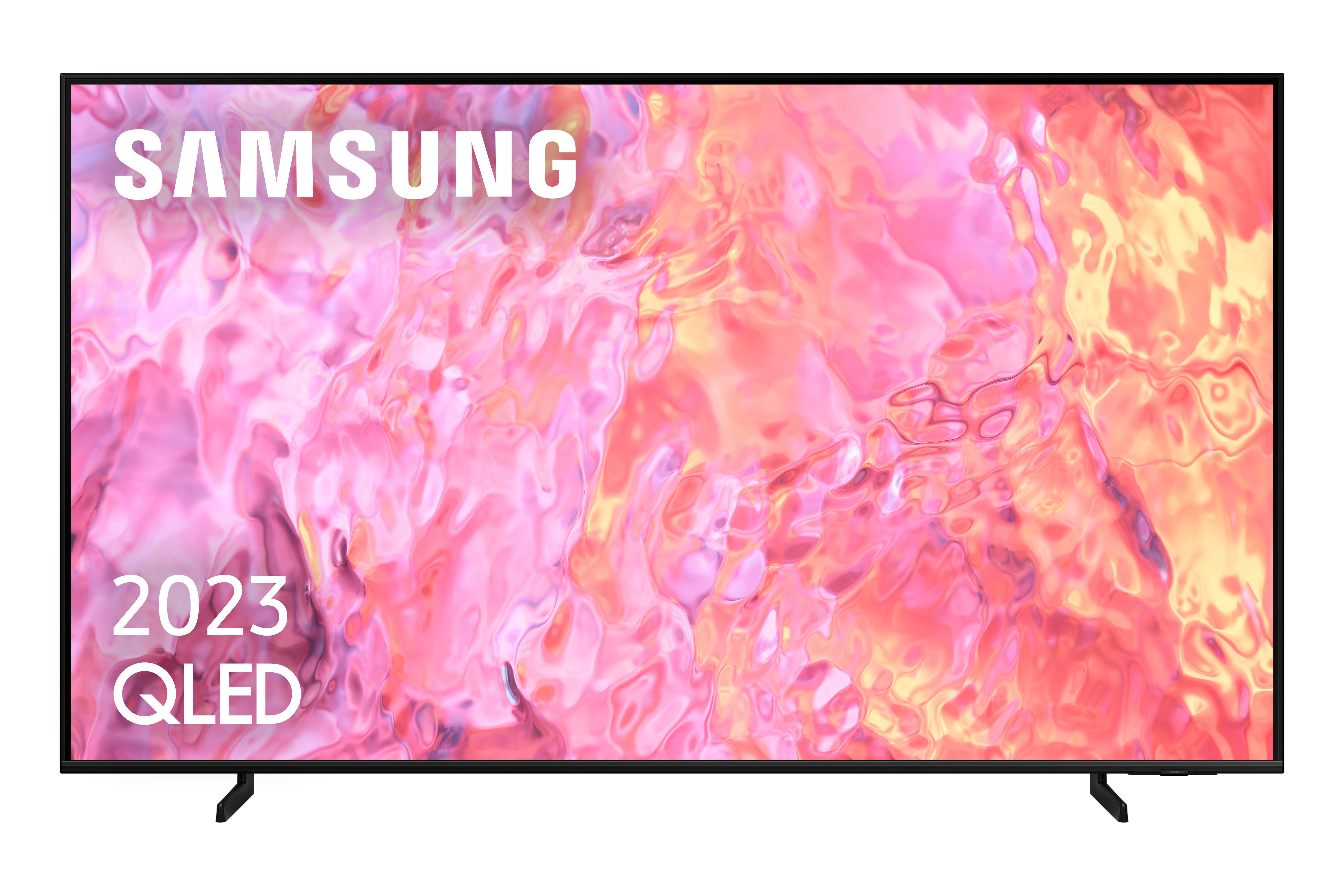 TV Samsung negro con el texto 'SAMSUNG' y '2023 QLED' en la pantalla.