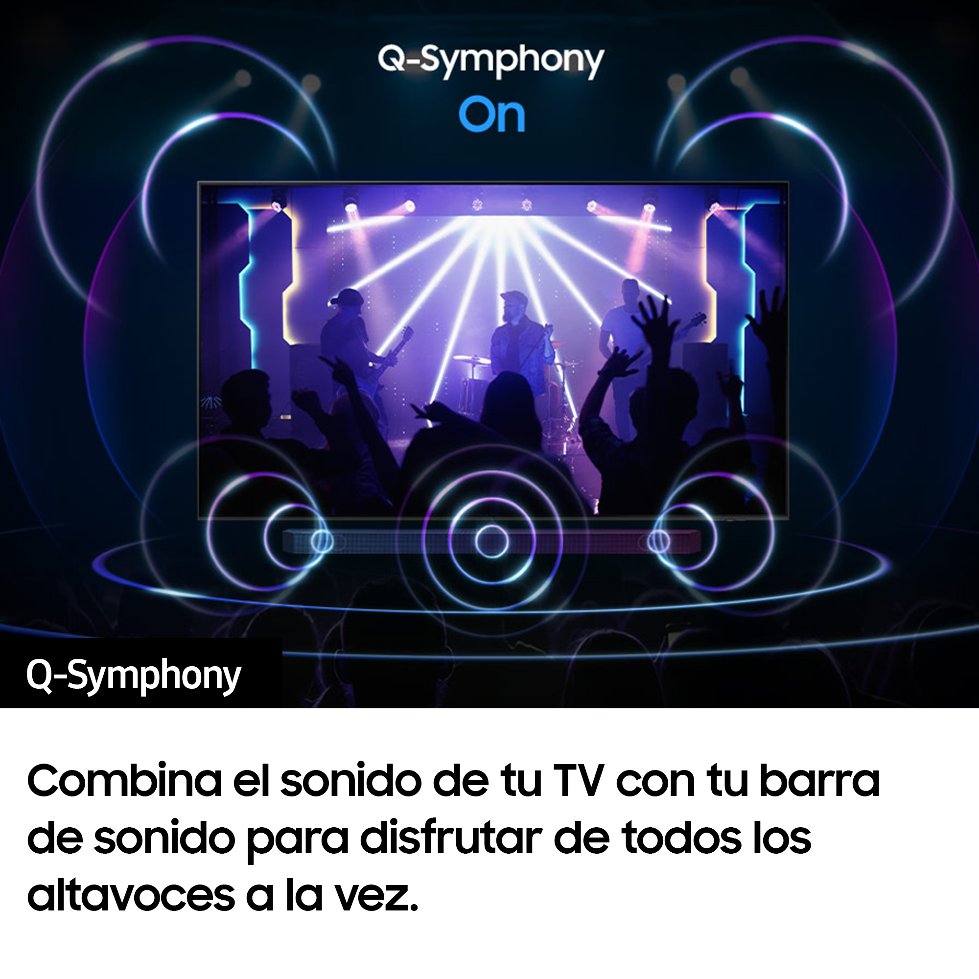 TV con un escenario y músicos, con círculos de ondas de sonido alrededor de la pantalla.