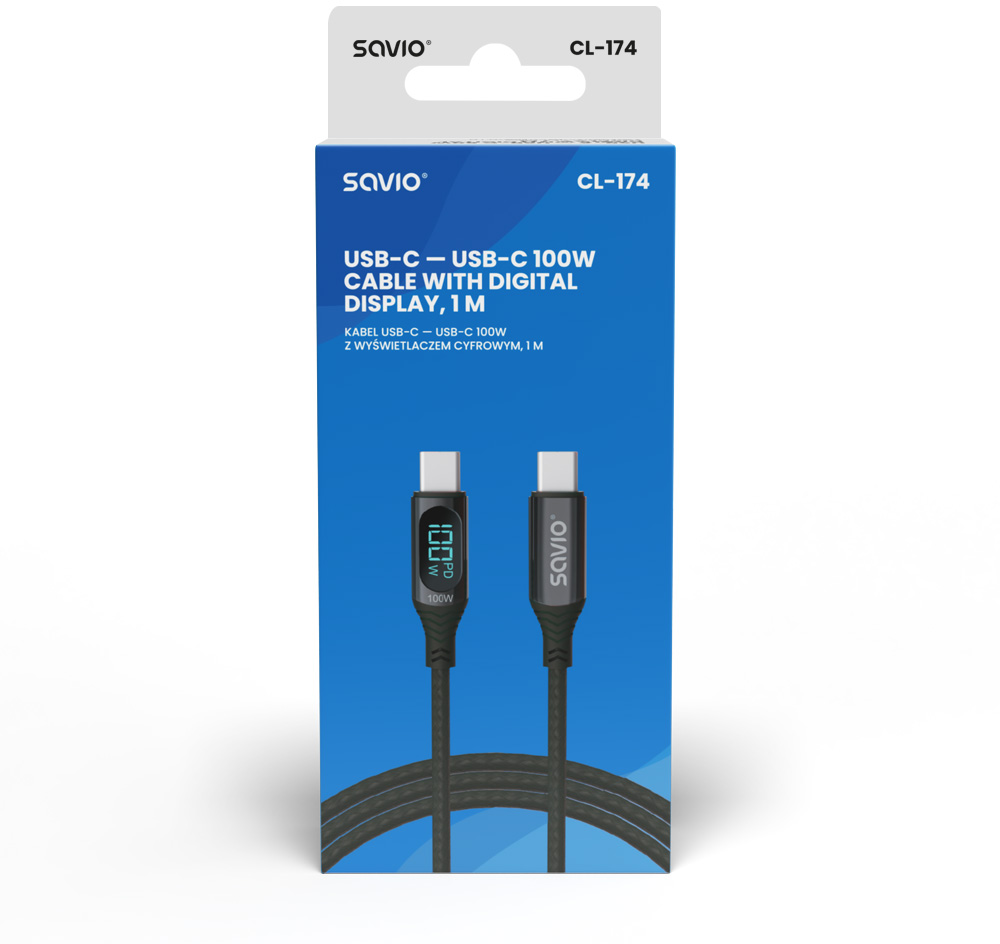USB-C - USB-C 100W kábel csomagolása digitális kijelzővel. Fekete kábel fehér szöveggel és kék háttérrel.