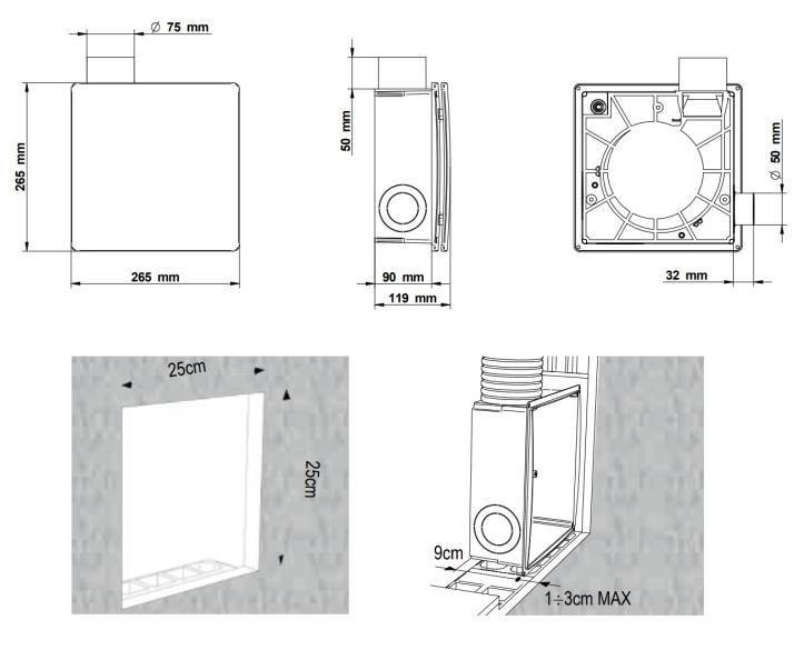 Diagram a téglalap alakú doboz méreteivel, kör alakú nyílással és egyéb részletekkel.