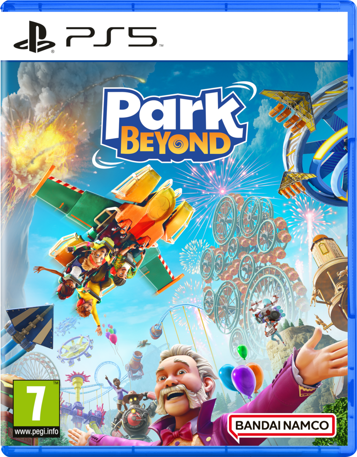 PS5 game cover: Mensen in pretparkattracties, vuurwerk. Titel: Park Beyond.