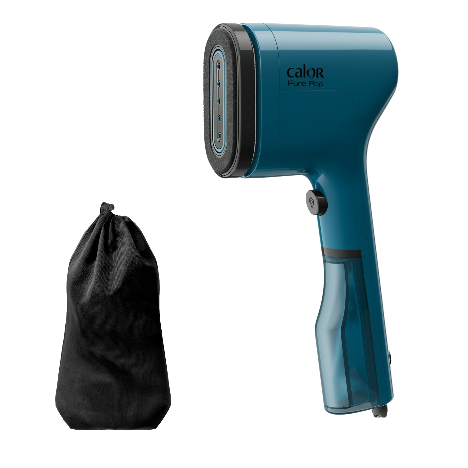 Turquoise Calor Pure Pop kledingstomer. Zwarte tas links. Handvat, watertank en kop zichtbaar.