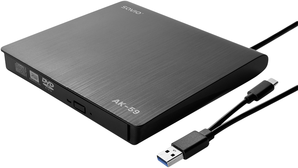 SAVIO külső SLIM CD/DVD író, USB Type-C és USB-A csatlakozás (AK-59)