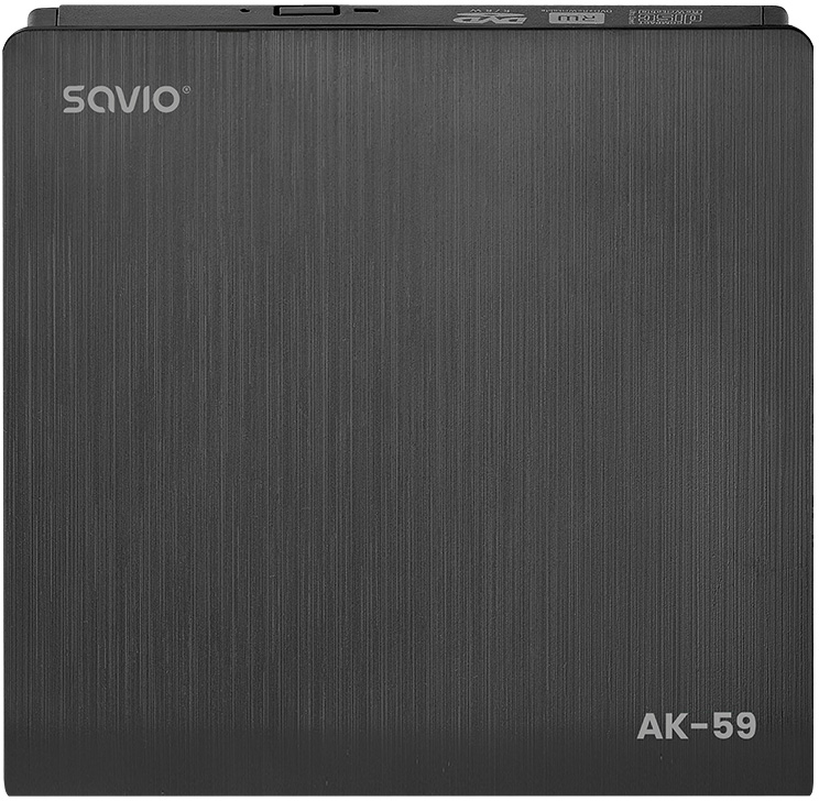 Fekete SAVIO AK-59 DVD meghajtó, felülnézet. A termék neve és modellszáma látható a felületen.