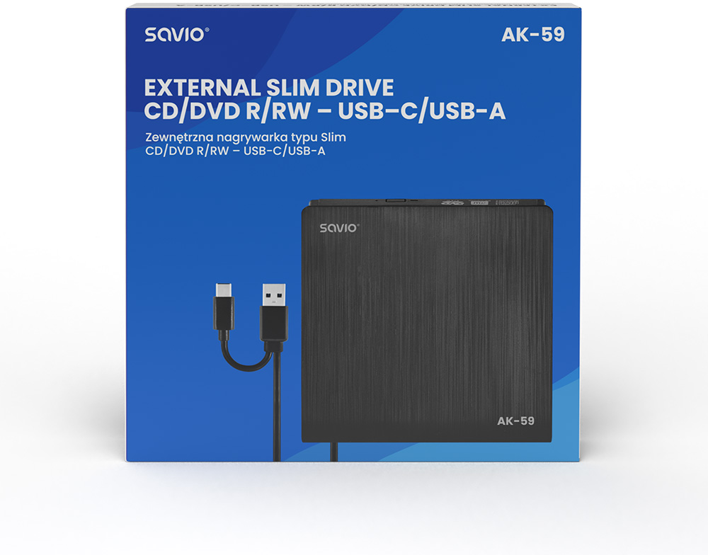 Egy kék doboz egy fekete külső vékony meghajtóval. A szöveg: 'External Slim Drive CD/DVD R/RW'.