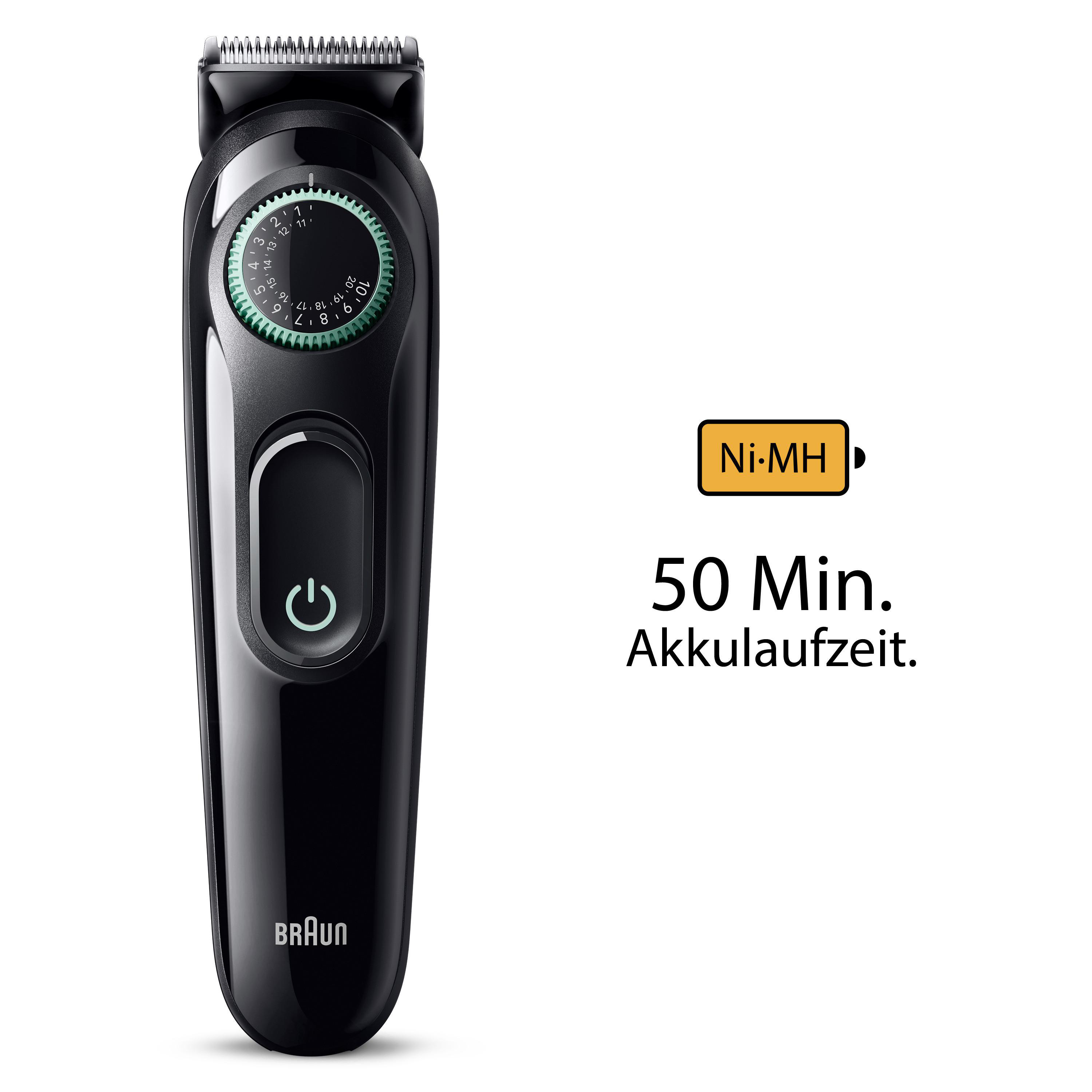 Schwarzer Braun Barttrimmer mit grünem Rad. Mit Ein-Aus-Knopf, Akkuanzeige und Text: 50 Min. Akkulaufzeit.