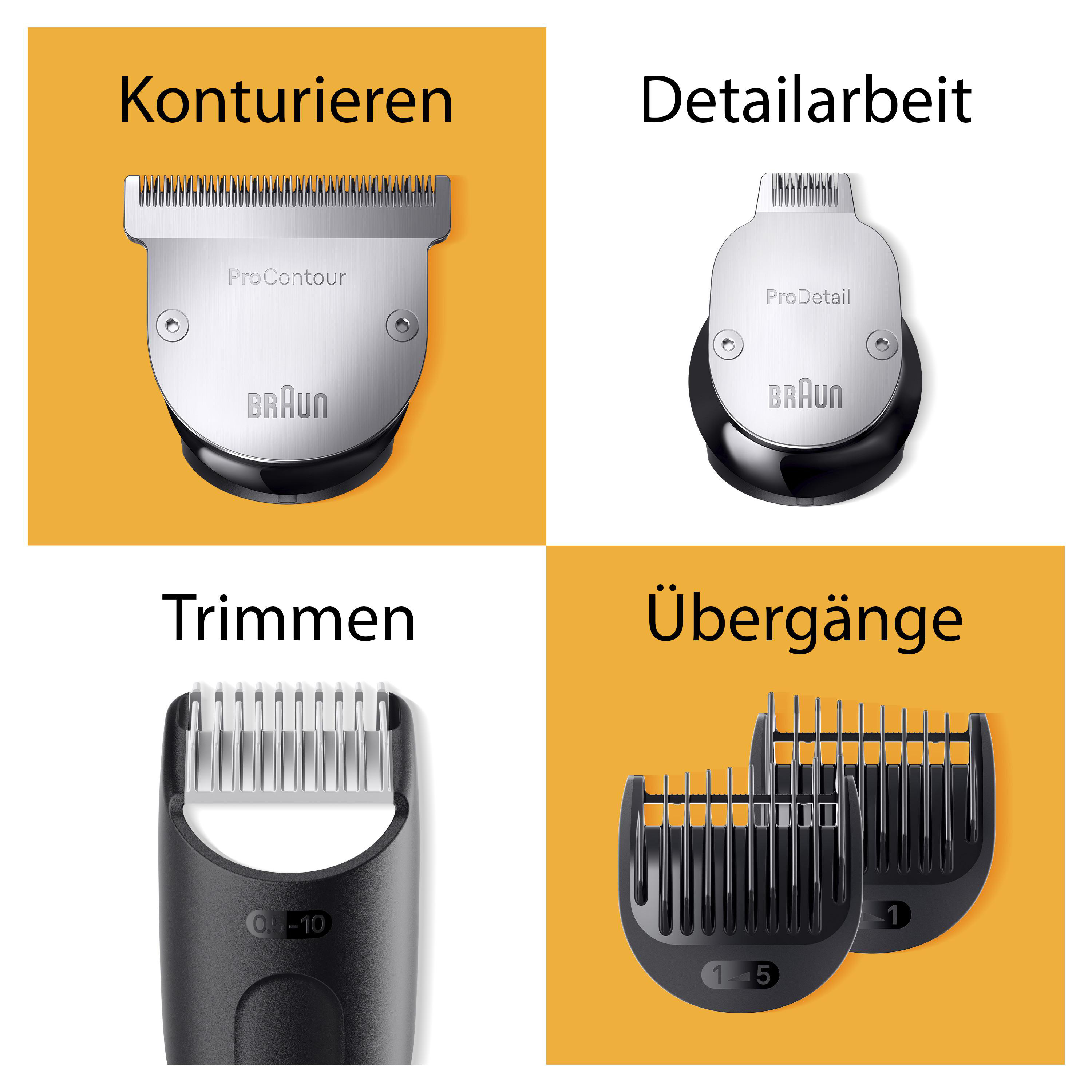 Bild mit Braun Trimmer-Aufsätzen für Konturierung, Detailarbeiten, Trimmen und Übergänge, mit deutschem Text.