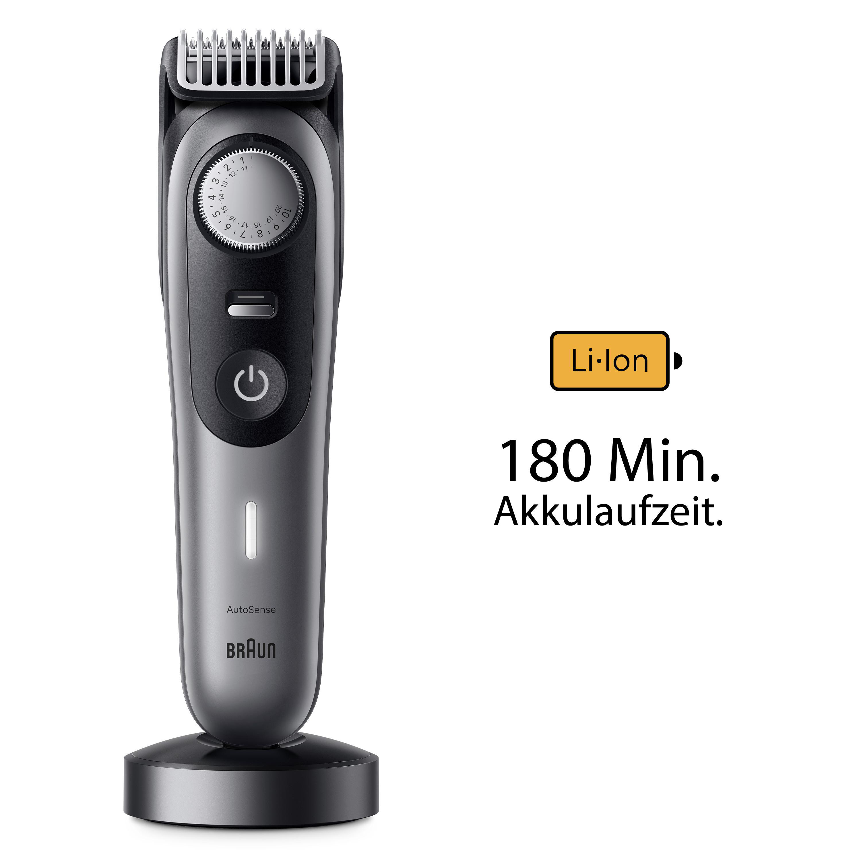 Ein Braun Barttrimmer auf einem Ständer. Er ist schwarz und grau mit digitaler Anzeige und Li-Ionen-Akku-Symbol.