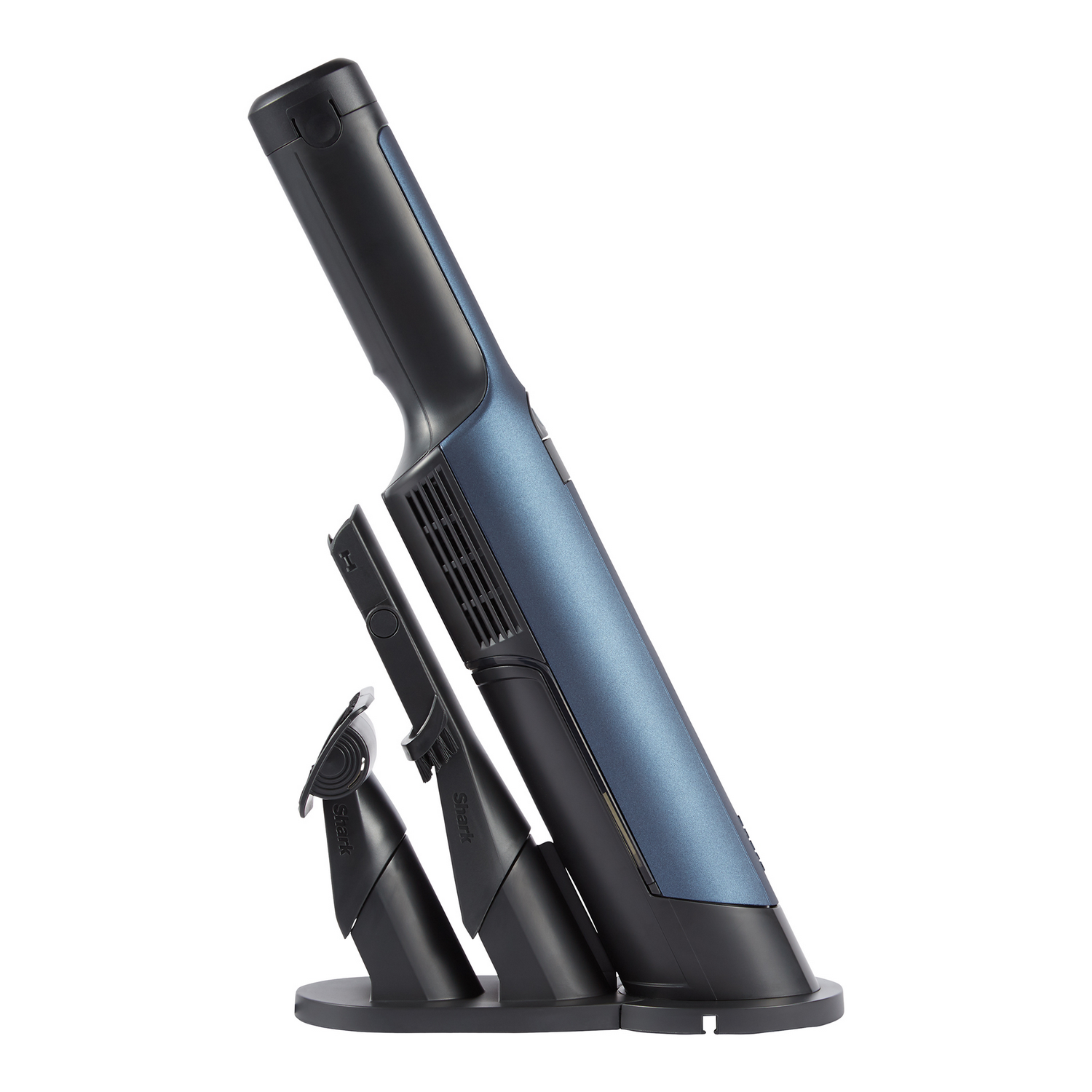 Shark cordless vacuum cleaner with attachments on a charging base. Blue and black.