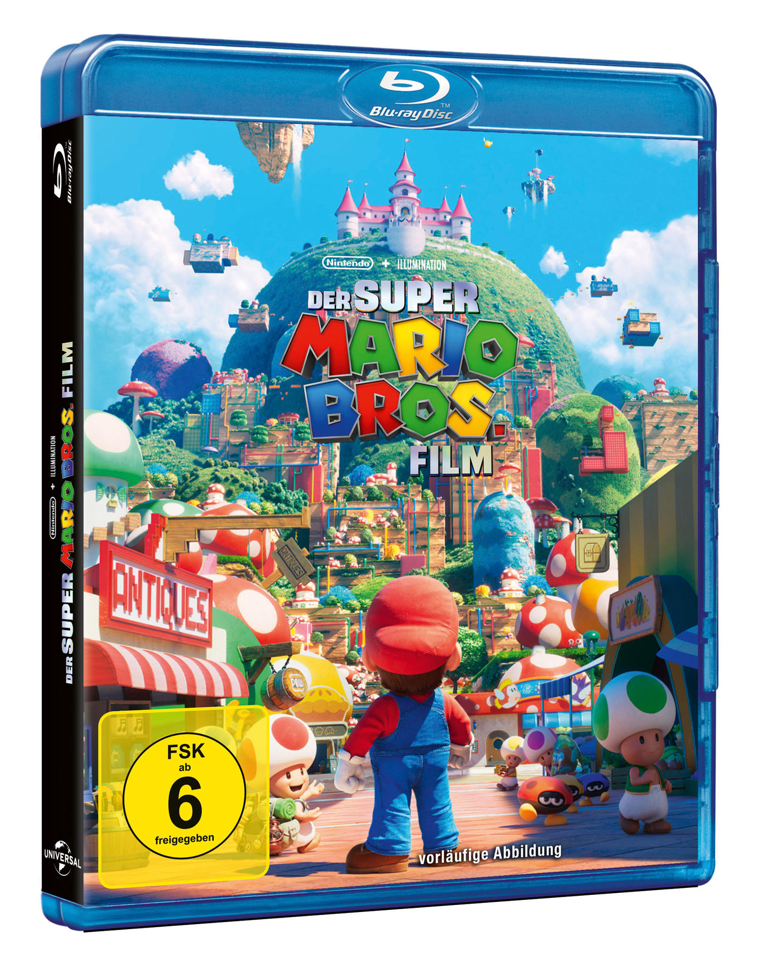 Das Super Mario Bros. Film Blu-ray Cover mit Charakteren, einem Schloss und einem FSK 6 Aufkleber.