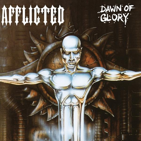 Az 'Afflicted - Dawn of Glory' album borítója. Egy fém figura egy fogaskerék-szerű háttér előtt.