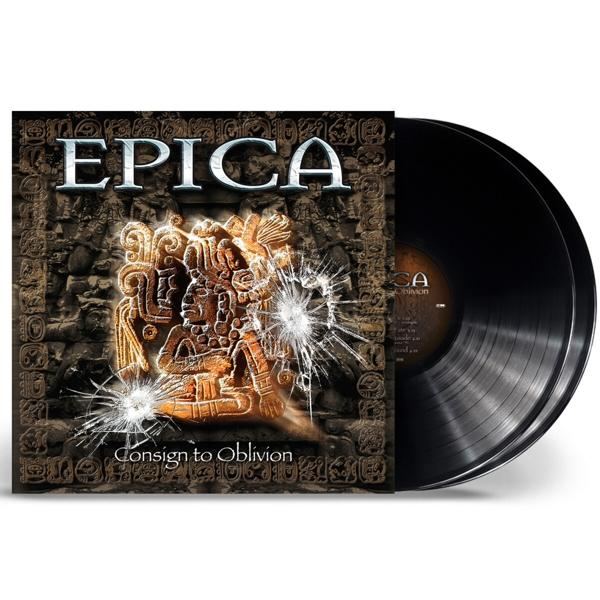 Epica album borító. Fekete bakelit lemezek és egy borító, amely egy kőfalat és egy képet mutat.