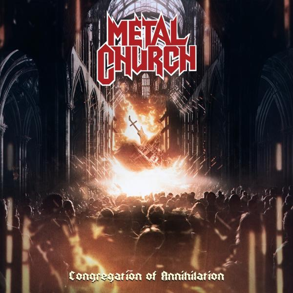 A Metal Church 'Congregation of Annihilation' című albumának borítója. A borítón egy égő templom látható.