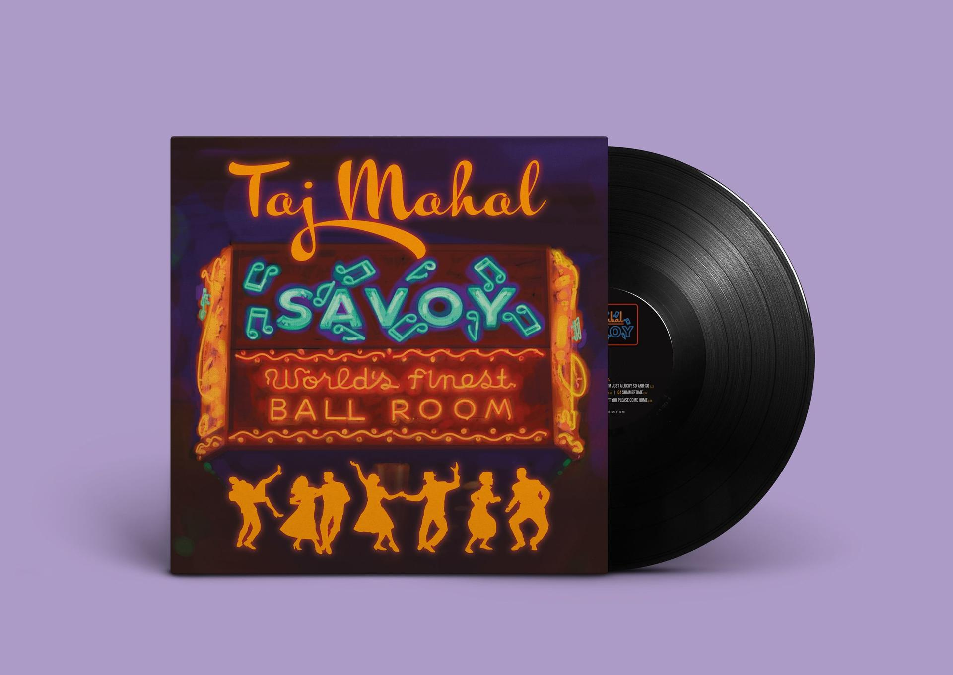 Taj Mahal 'Savoy Ballroom' albumának borítója, bakelit lemezzel lila háttéren.