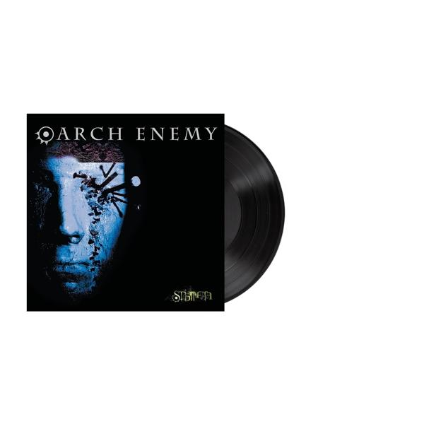 Arch Enemy album borító, fekete háttér, arc és albumművészet. Vinyl lemez.