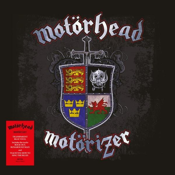 A Motörhead 'Motorizer' című albumának borítója. Pajzskialakítás különböző emblémákkal és szöveggel.