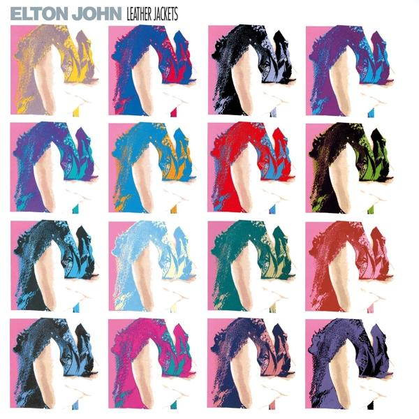 Elton John Albumcover, Leather Jackets. Mehrere farbenfrohe Bilder derselben Figur in einem Raster.